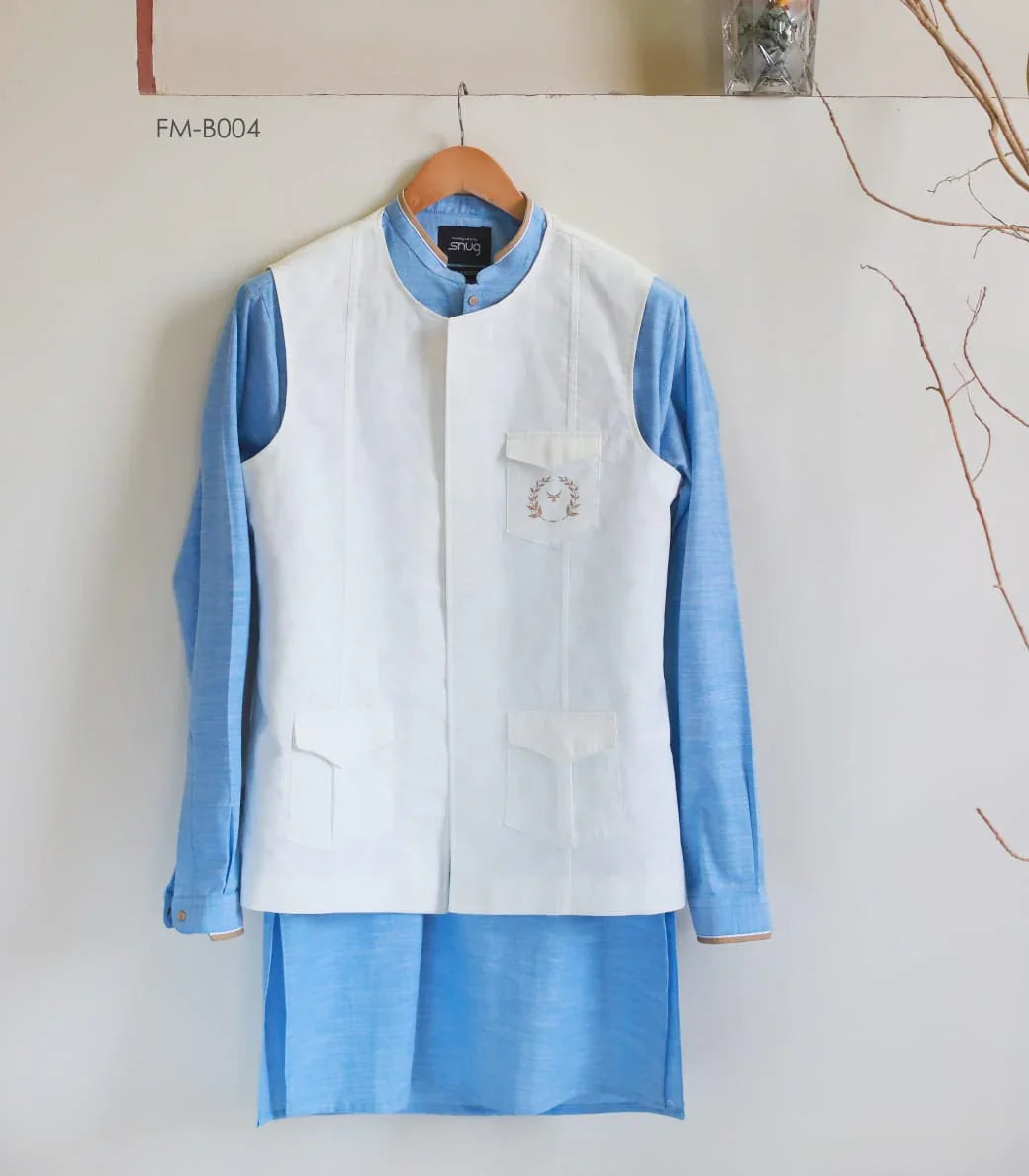 Sky Blue Linen Kurta Trouser With Logo Waistcoat - Snug