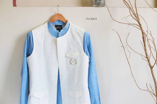 Sky Blue Linen Kurta Trouser With Logo Waistcoat - Snug