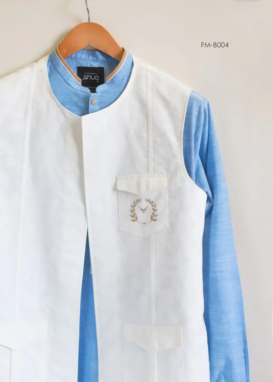 Sky Blue Linen Kurta Trouser With Logo Waistcoat - Snug