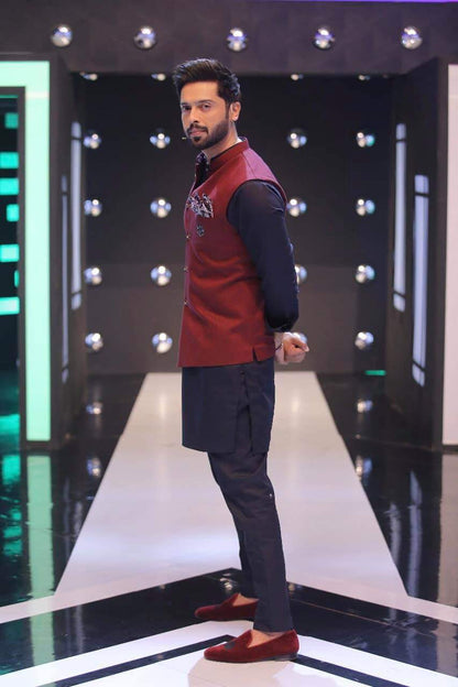 Black Egyptian K-Trouser with maroon waistcoat exclusively designed for #FahadMustafa