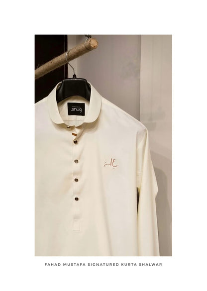 Fahad Mustafa Signatured Kurta and Shalwar with Embroidered Linen Non-Fused blazer By Snug