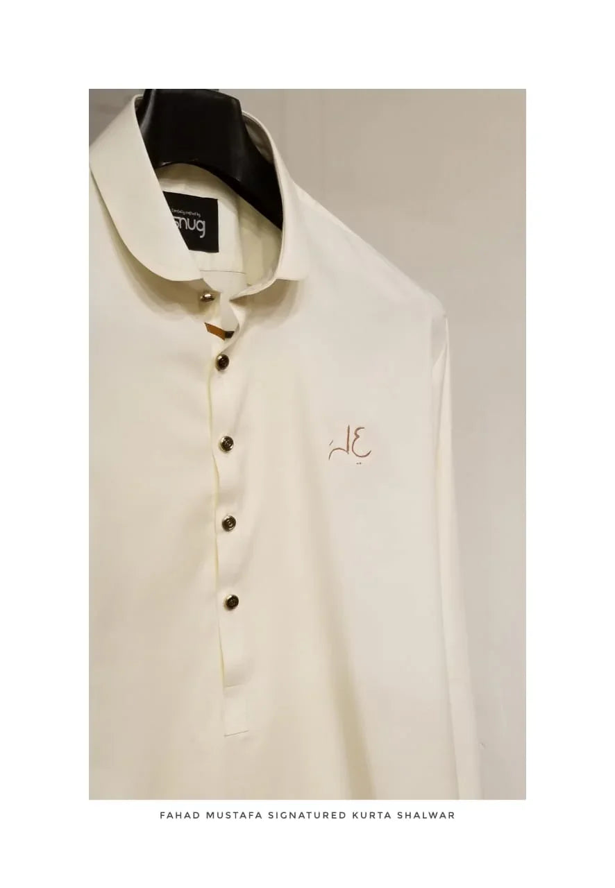 Fahad Mustafa Signatured Kurta and Shalwar with Embroidered Linen Non-Fused blazer By Snug - Snug
