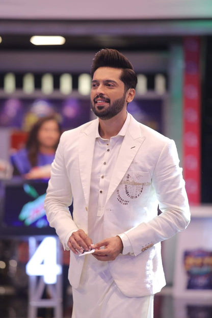 Fahad Mustafa Signatured Kurta and Shalwar with Embroidered Linen Non-Fused blazer By Snug