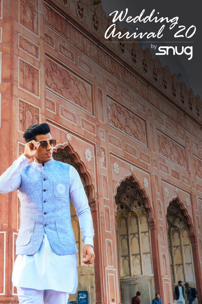 Sky Blue Textured Waistcoat with Kurta Trouser