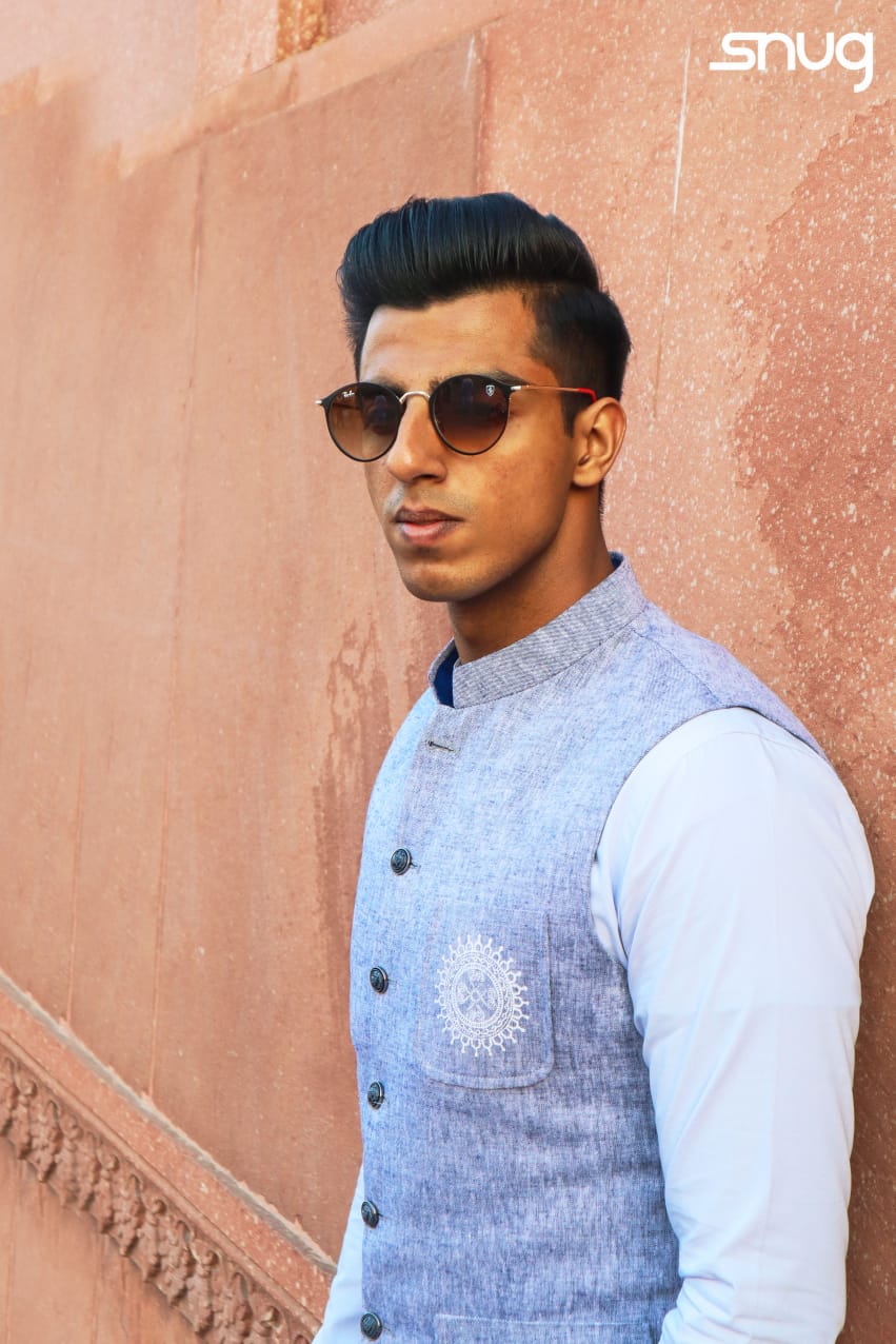 Sky Blue Textured Waistcoat with Kurta Trouser