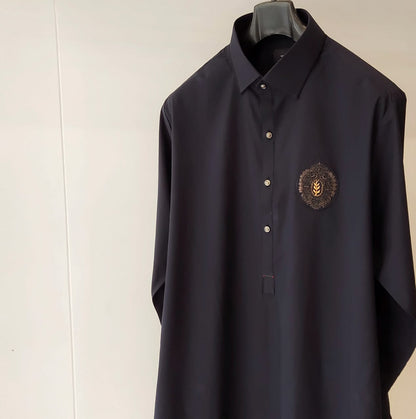 Midnight Blue Egyptian Cotton Shalwar Kameez With Blazer