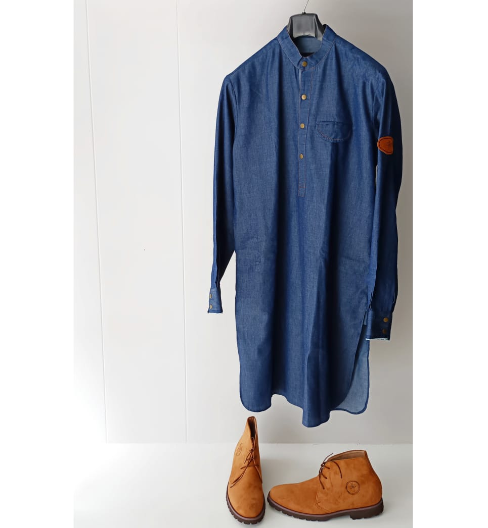 Denim Retro Kurta Trouser with Leather Waistcoat.