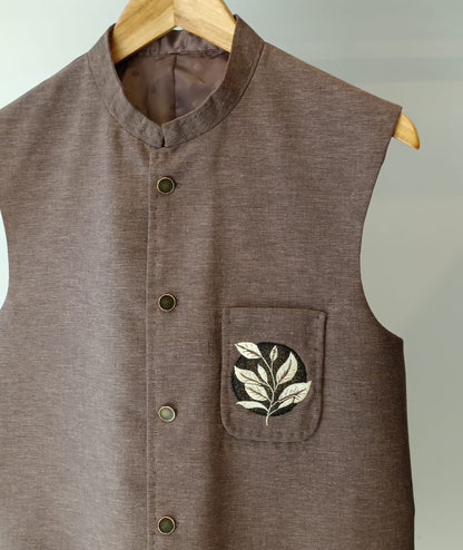 Gold Net Kurta Trouser With Leaf Waistcoat