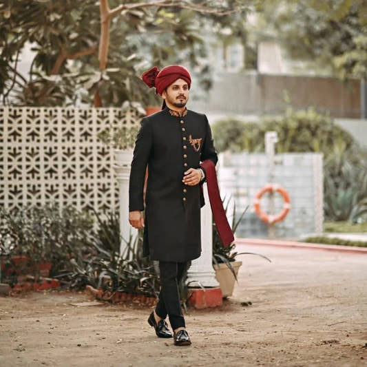 Mansoor's Black Embroidered Sherwani - Snug