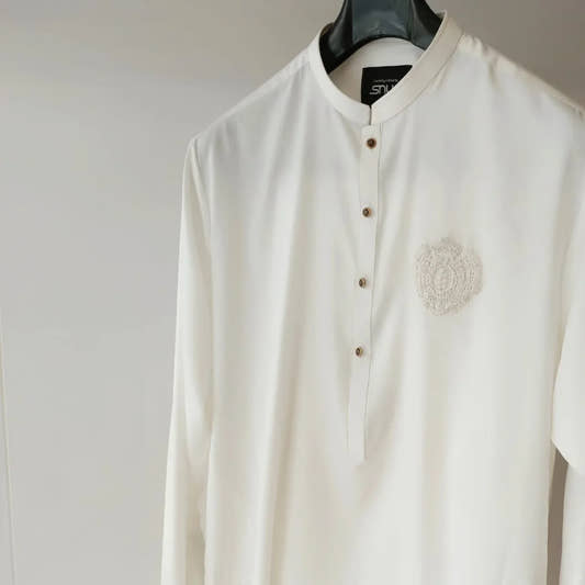 Pearl White Wash & Wear Shalwar Kameez. - Snug