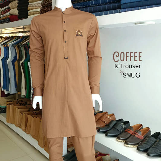 Coffee Kurta Trouser with Denim Waistcoat. - Snug