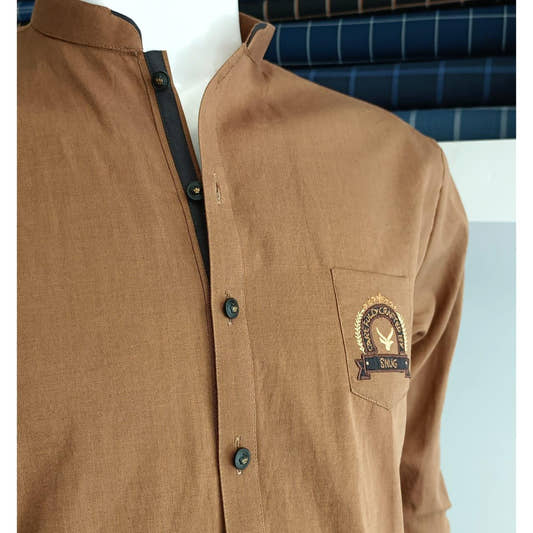 Coffee Kurta Trouser with Denim Waistcoat. - Snug