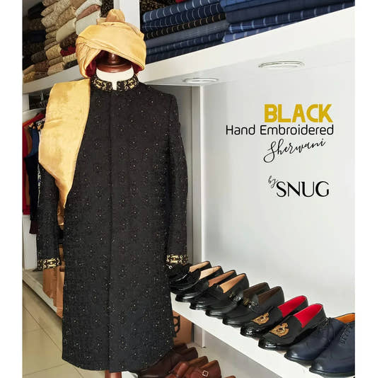 Black Hand Embroidered Sherwani by Snug. - Snug