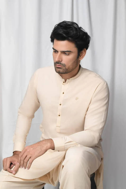 Beige Wash & Wear Kurta Shalwar with Brown Textured Waistcoat. - Snug