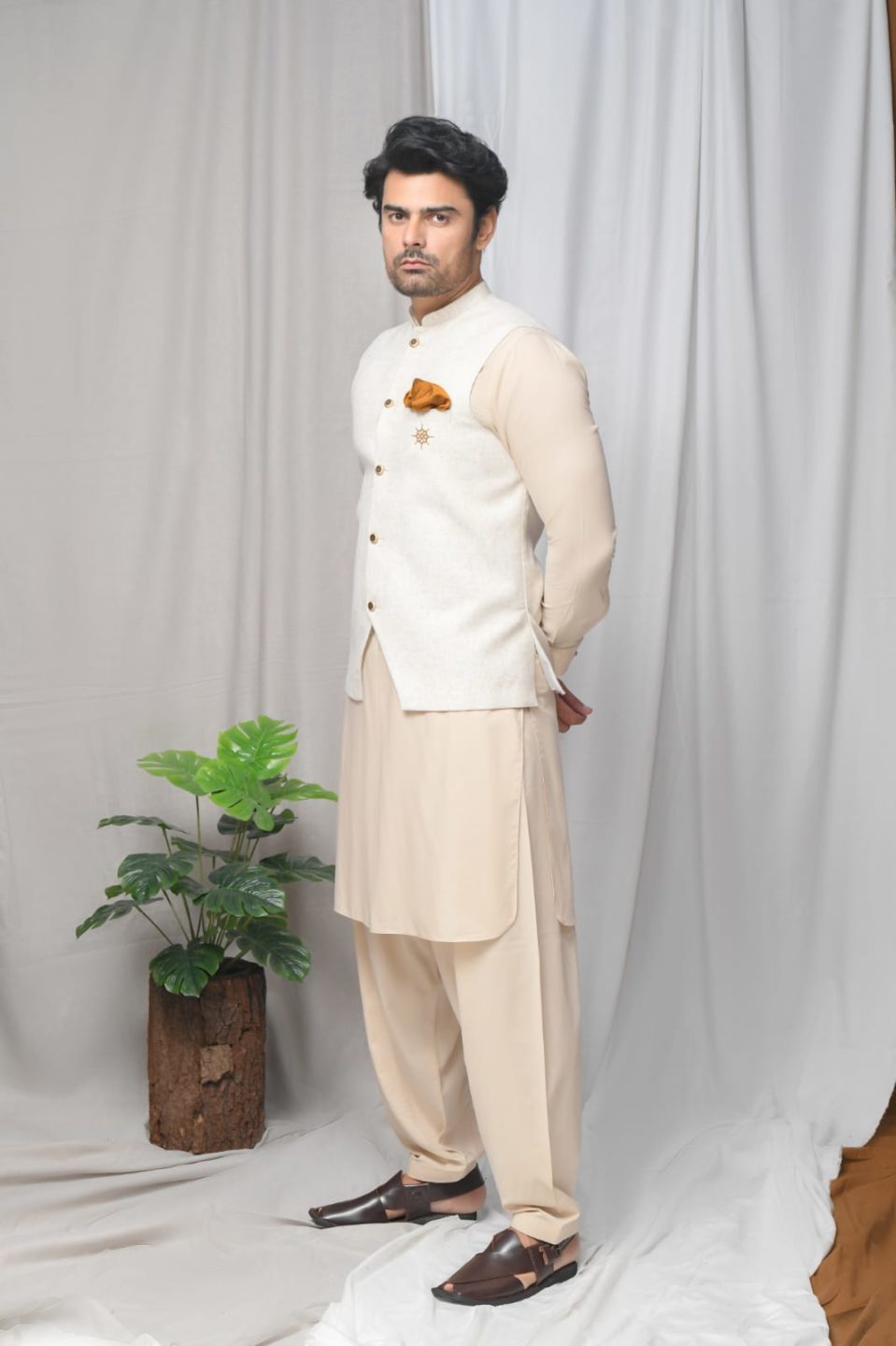 Beige Wash & Wear Kurta Shalwar with Brown Textured Waistcoat.