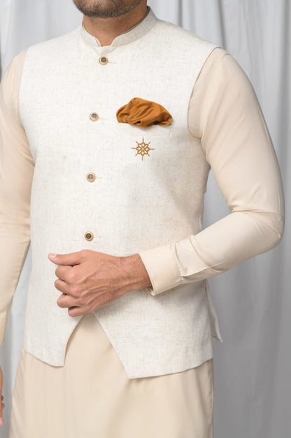 Beige Wash & Wear Kurta Shalwar with Brown Textured Waistcoat.