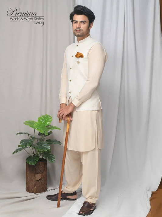 Beige Wash & Wear Kurta Shalwar with Brown Textured Waistcoat. - Snug