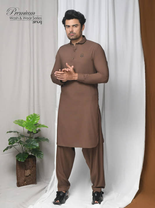 Brown Wash & Wear Kurta Shalwar. - Snug