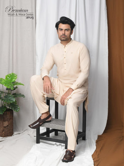 Beige Wash & Wear Kurta Shalwar with Brown Textured Waistcoat.