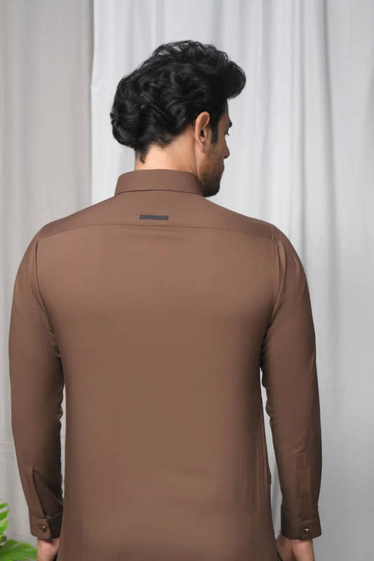 Brown Wash & Wear Kurta Shalwar. - Snug