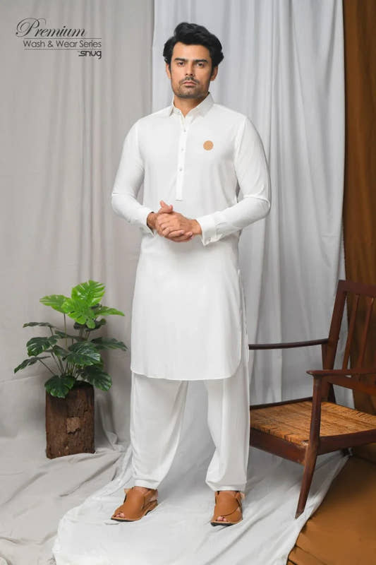 Pearl White Wash & Wear Kurta Shalwar. - Snug