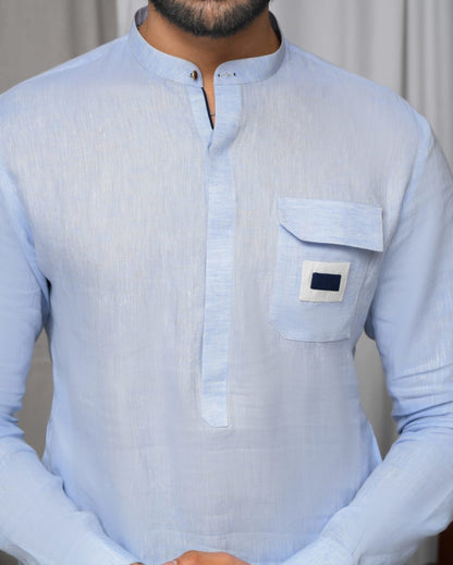 Sky Blue Linen Flap Pocket Kurta Trouser.