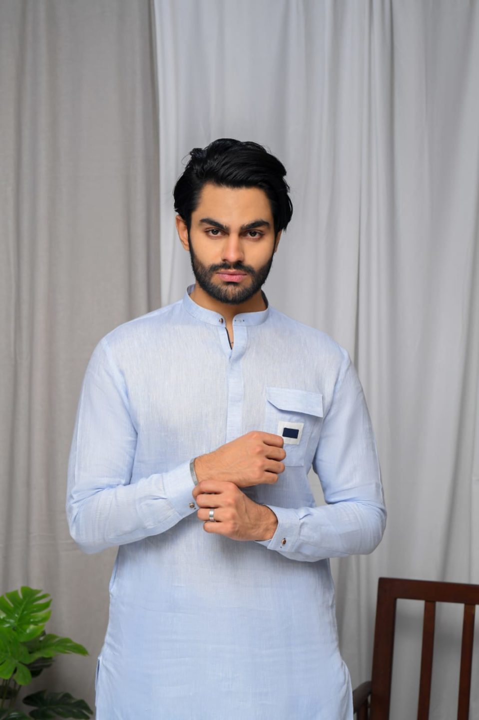 Sky Blue Linen Flap Pocket Kurta Trouser.