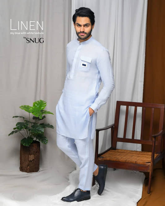 Sky Blue Linen Flap Pocket Kurta Trouser. - Snug