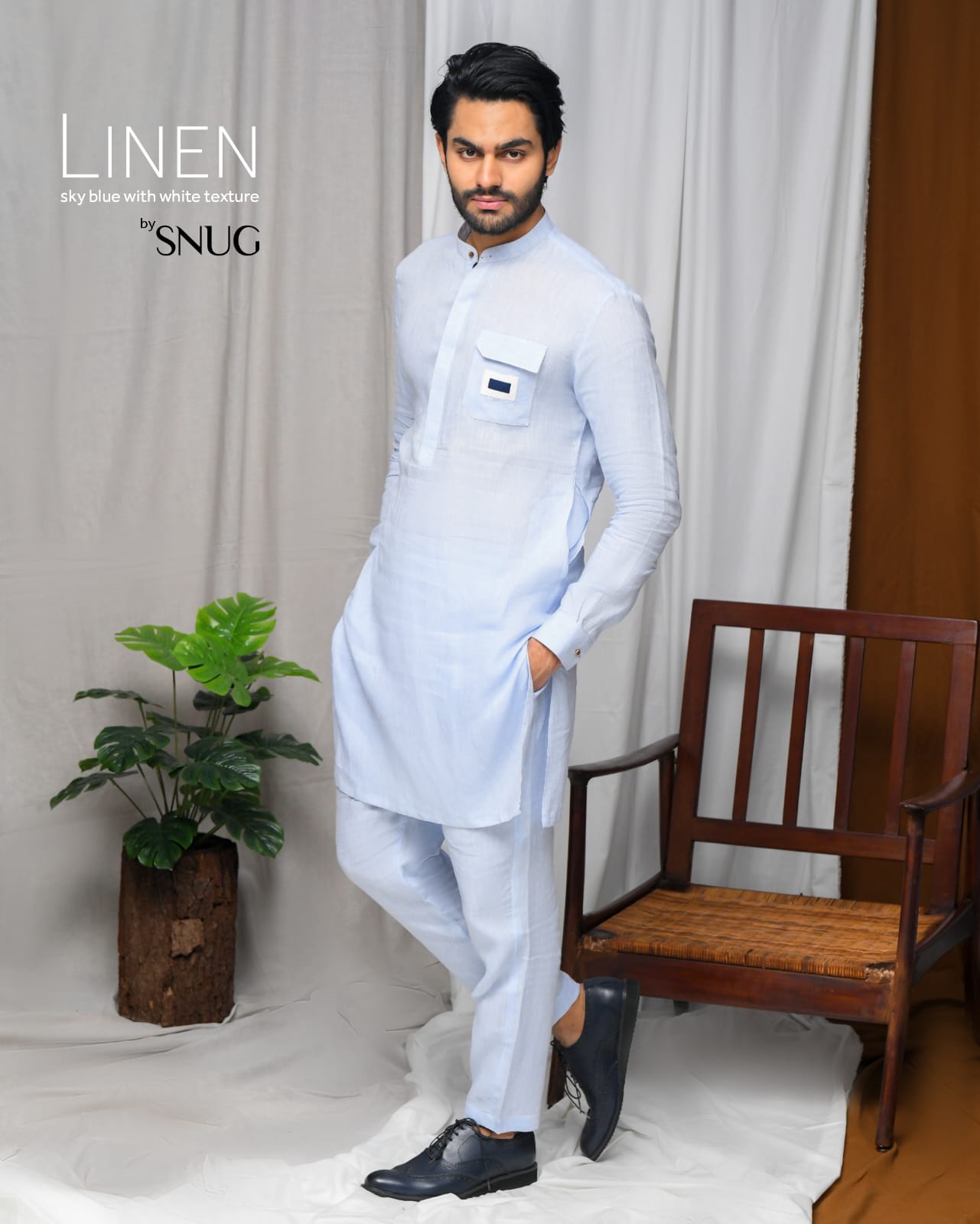 Sky Blue Linen Flap Pocket Kurta Trouser.