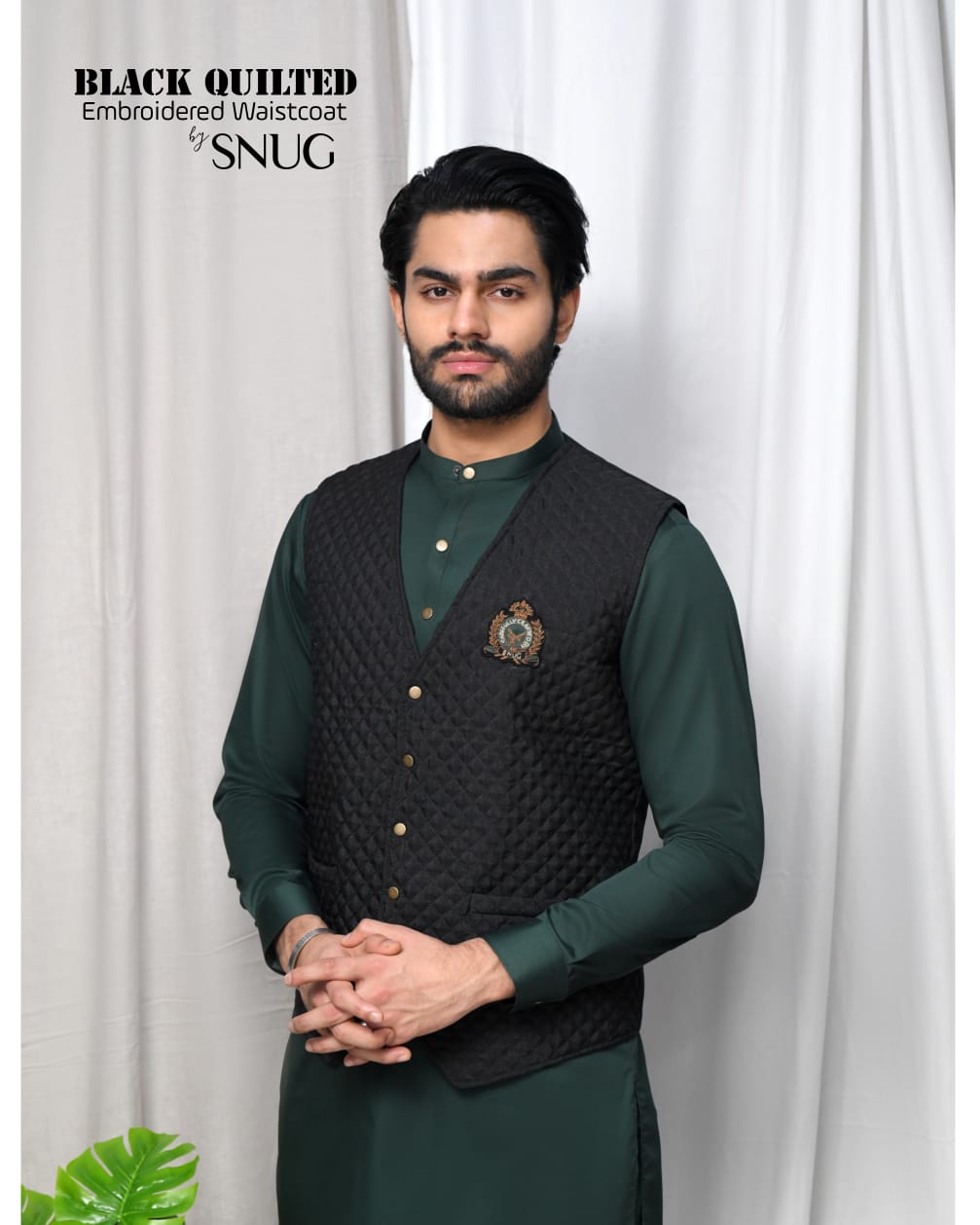 Army Green Zipper Patched Kurta Trouser with Black Quilted Waistcoat