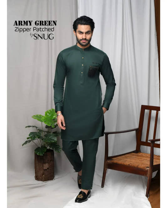 Army Green Zipper Patched Kurta Trouser with Black Quilted Waistcoat - Snug