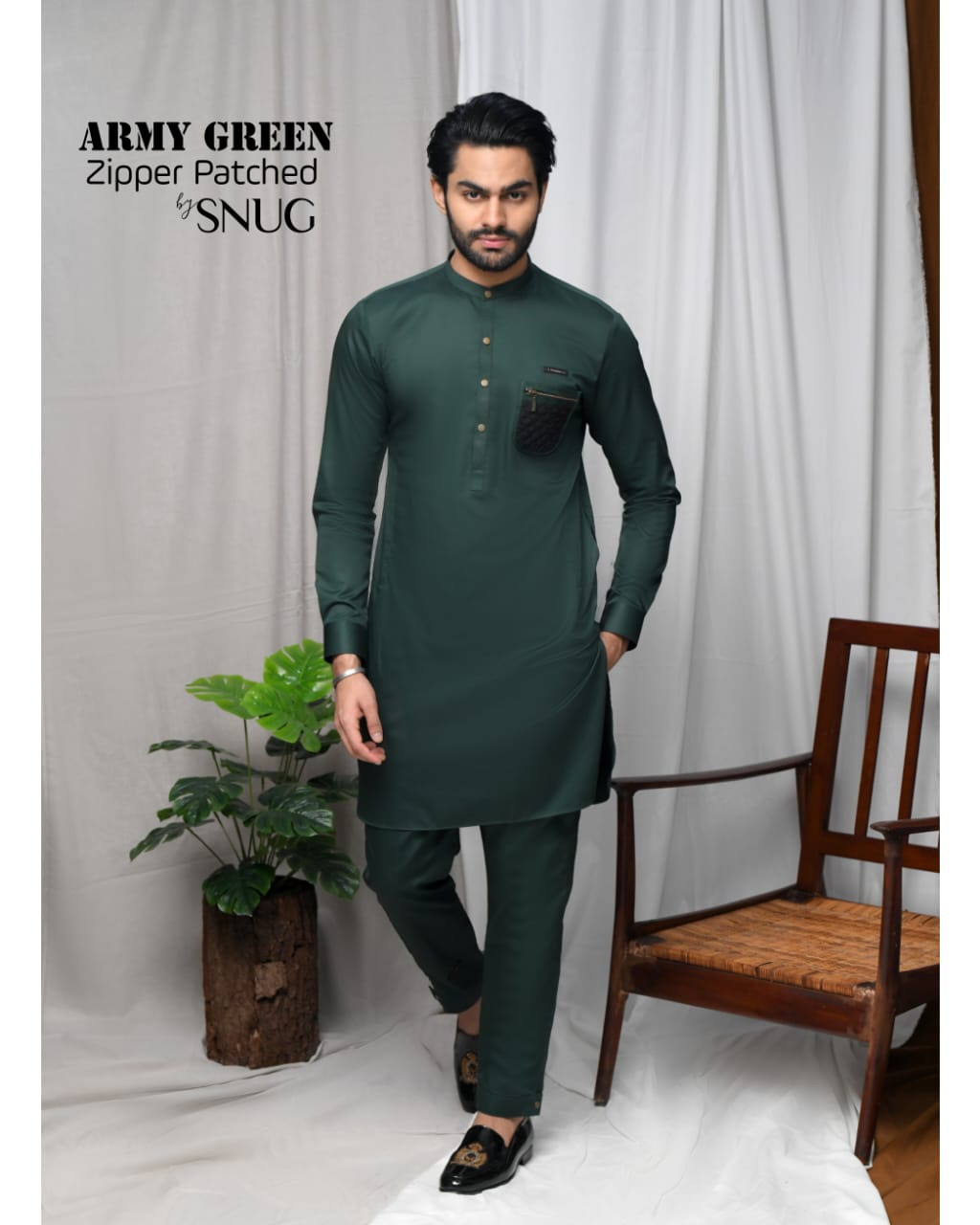 Army Green Zipper Patched Kurta Trouser with Black Quilted Waistcoat