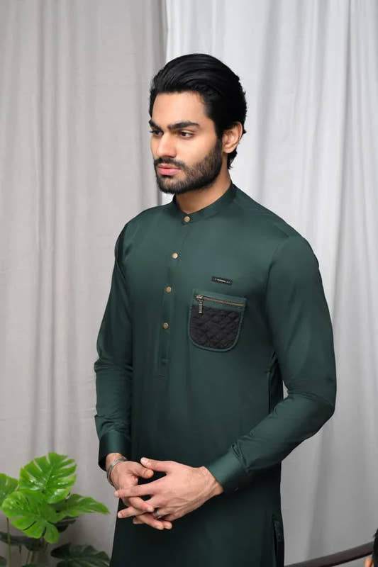 Army Green Zipper Patched Kurta Trouser with Black Quilted Waistcoat - Snug