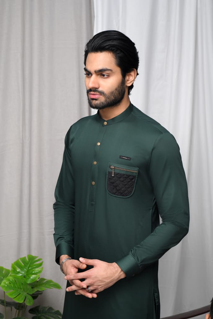 Army Green Zipper Patched Kurta Trouser with Black Quilted Waistcoat