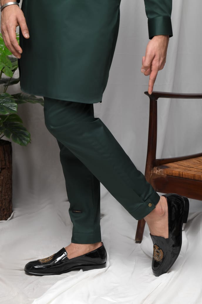 Army Green Zipper Patched Kurta Trouser with Black Quilted Waistcoat