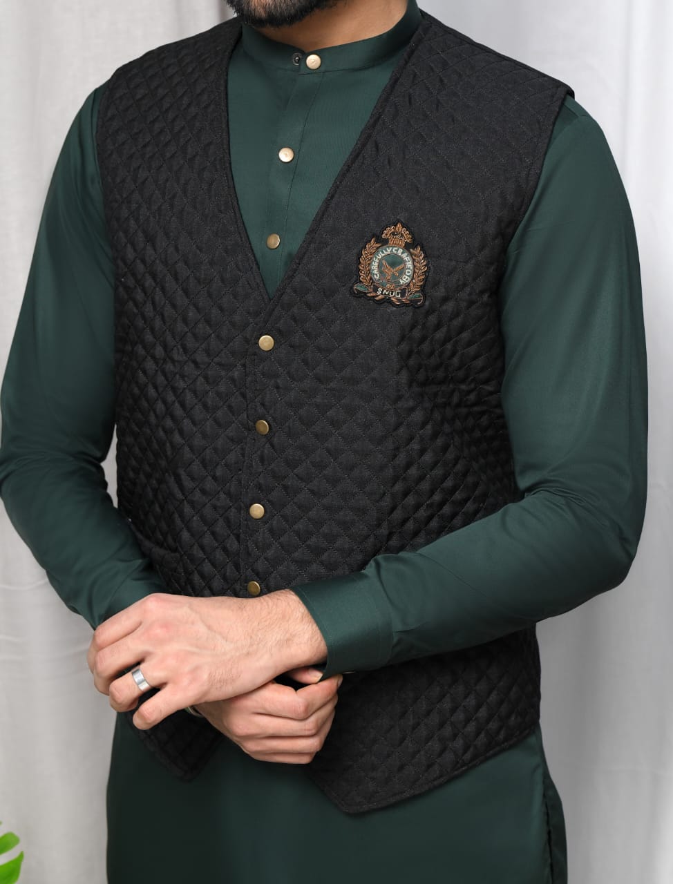 Army Green Zipper Patched Kurta Trouser with Black Quilted Waistcoat