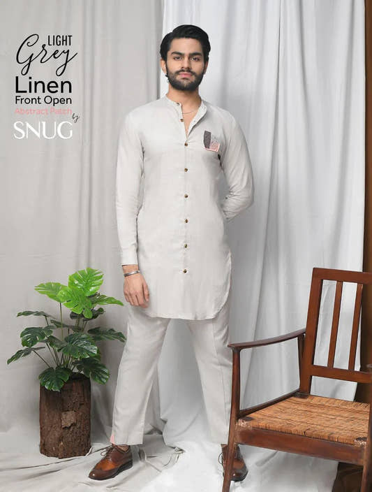 Front Open Abstract Embroidery Linen Kurta Trouser - Snug