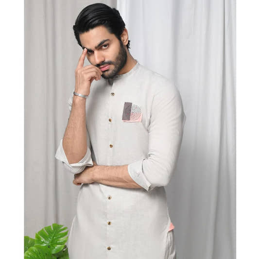Front Open Abstract Embroidery Linen Kurta Trouser - Snug
