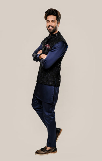 Egyptian Cotton Kurta Trouser With Sequin Waistcoat