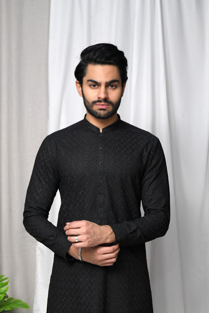 Black Embossed Kurta Trouser