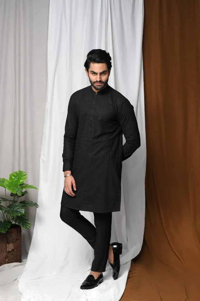 Black Embossed Kurta Trouser - Snug