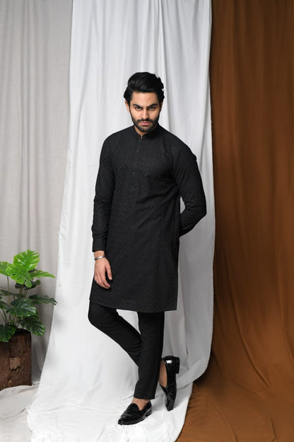 Black Embossed Kurta Trouser