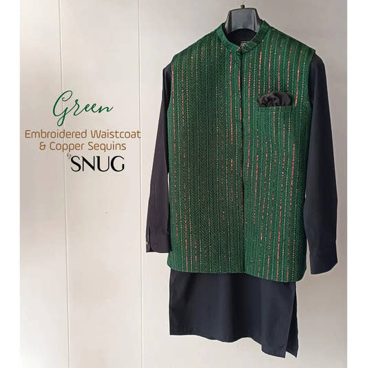 Green Embroidered Waistcoat with Copper Sequins. - Snug