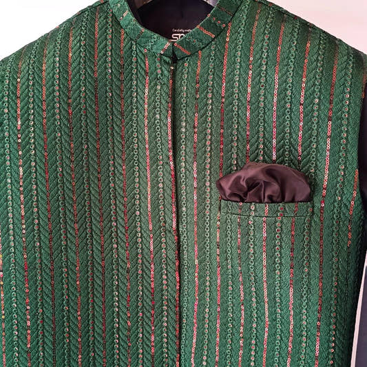Green Embroidered Waistcoat with Copper Sequins. - Snug