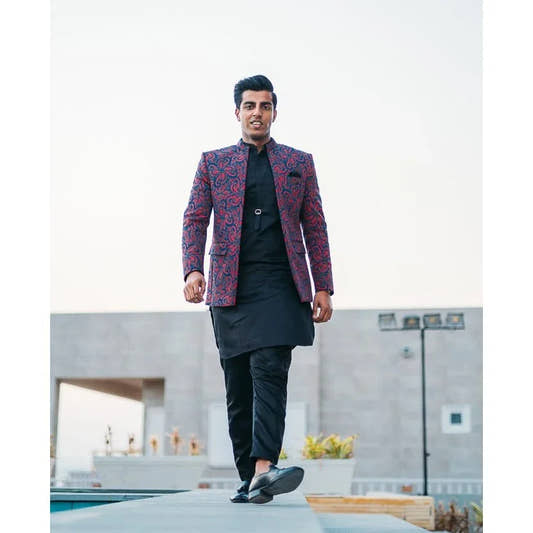 Floral Front Open Coat with Black Buckle Kurta Trouser - Snug