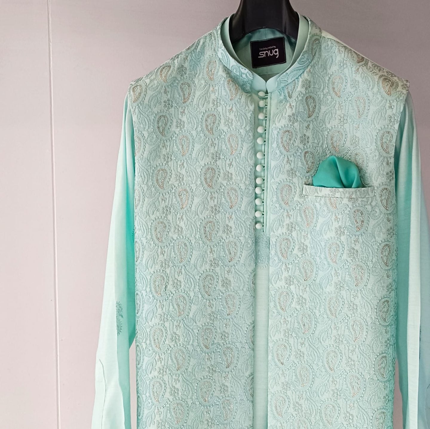 Aqua Long Embroidered Waistcoat with Paisley Kurta Trouser