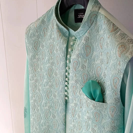 Aqua Embroidered Long Waistcoat - Snug