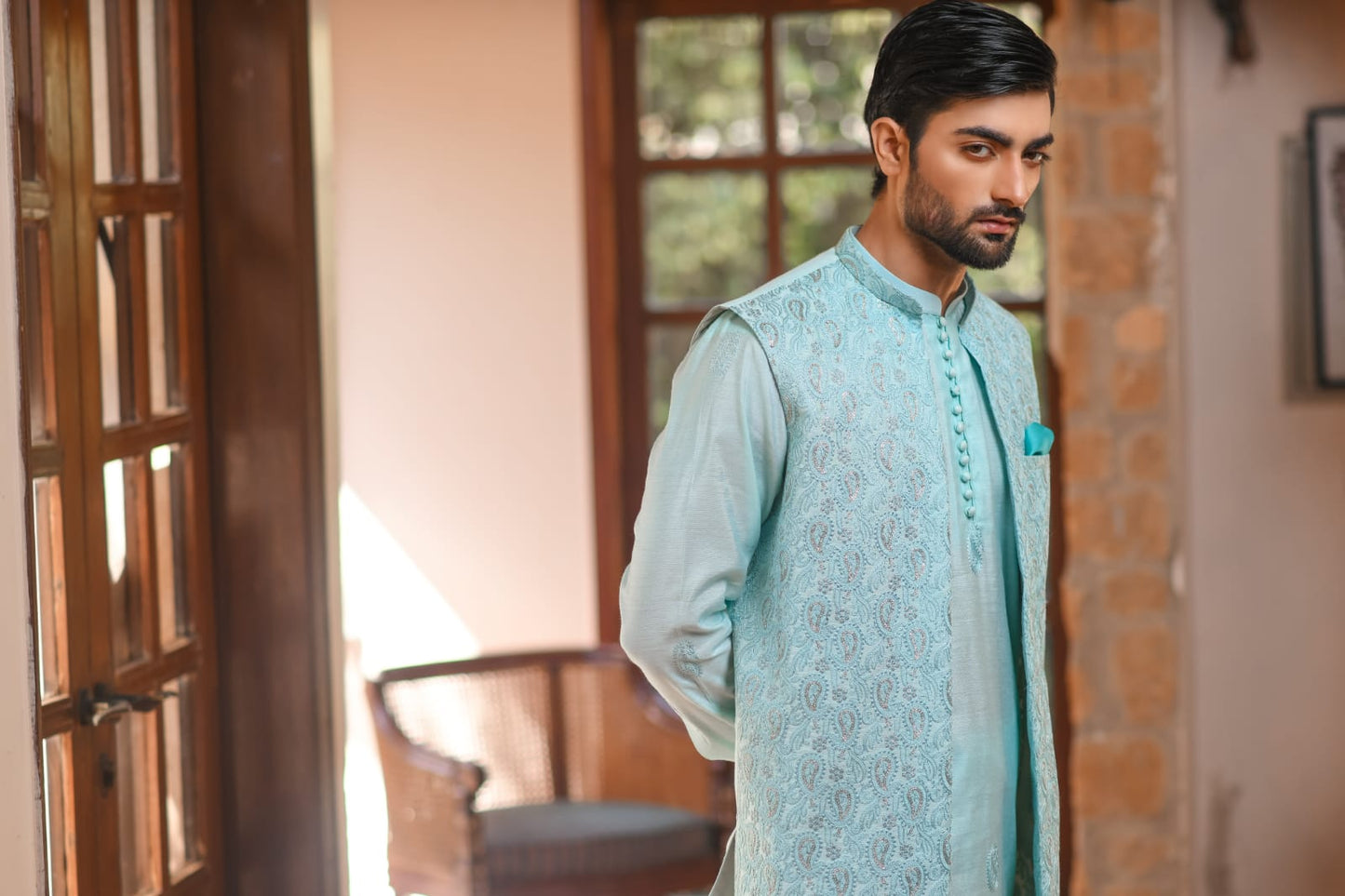 Aqua Long Embroidered Waistcoat with Paisley Kurta Trouser