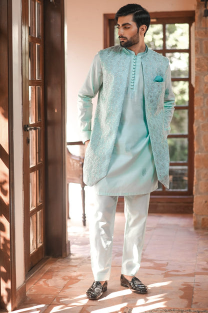 Aqua Long Embroidered Waistcoat with Paisley Kurta Trouser