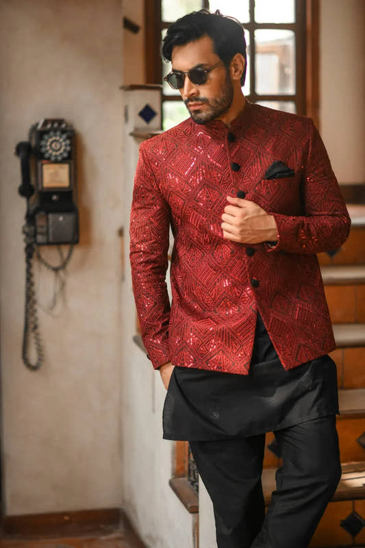 Maroon Sequins Prince Coat - Snug